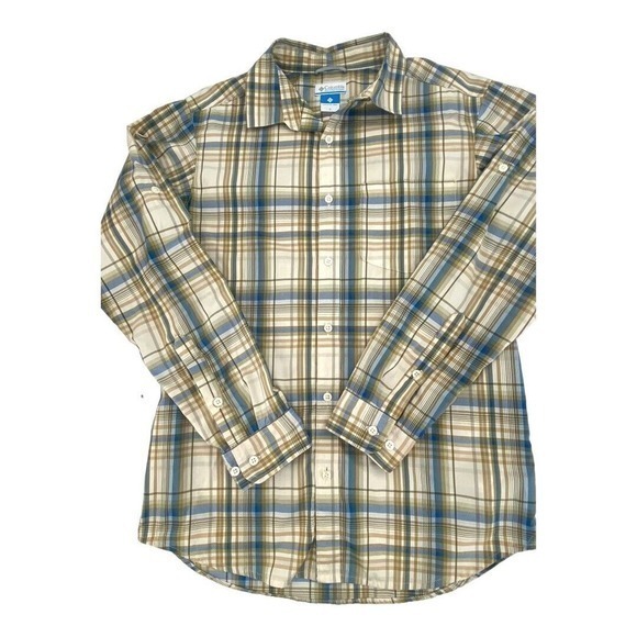 Columbia Blue and‎ Tan Plaid Long Sleeve Shirt Polyester Nylon Blend Mens S - Picture 1 of 10